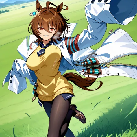 score_9, anime style, longlegs_v0.22_pony, agnes tachyon, horse ears, horse tail, labcoat, sleeves past fingers, yellow sweater, black necktie, pantyhose, single earring, landscape, grass field, BREAK, solo, 1 skinny girl running, (bouncing unaligned breas...