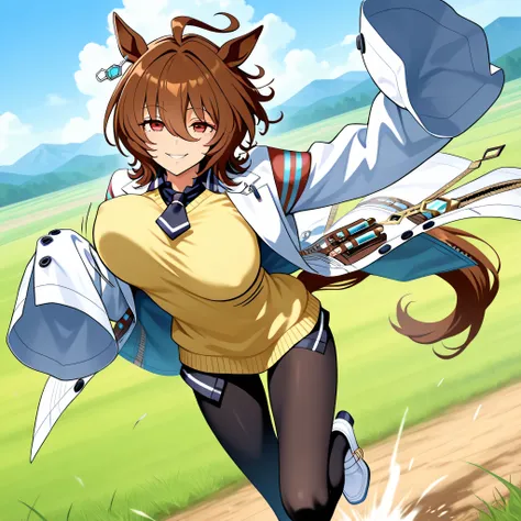 score_9, anime style, longlegs_v0.22_pony, agnes tachyon, horse ears, horse tail, labcoat, sleeves past fingers, yellow sweater, black necktie, pantyhose, single earring, landscape, grass field, BREAK, solo, 1 skinny girl running, (bouncing unaligned breas...
