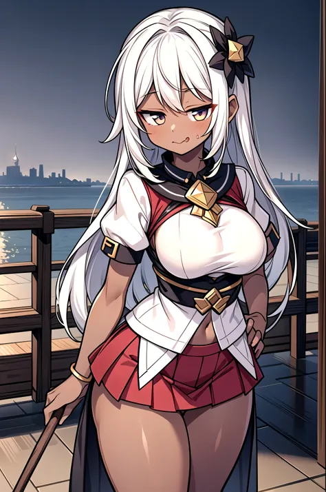 ((dark skin:1.3))masterpiece, Best Quality, Super Detailed, exquisite, beautiful,((1 person)), semi-long hair, thick legs, Stick out your long tongue,naughty face,(big sagging breasts:1.5),  Magical Girl.Miniskirt,Handmade Ornament,gold ornament,white hair...