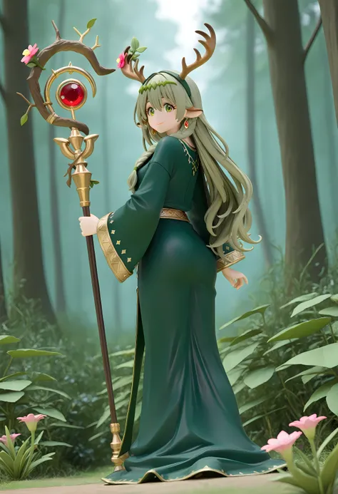 (masterpiece, high quality, high resolution, 4K, 8k, detail) 1girl,3D Figures, full body figure、looking over here with your butt、big 、(an enchanted long staff that made by plants have flower on the top:1.5)、happy、dark moss green hair, wavy long hair, braid...