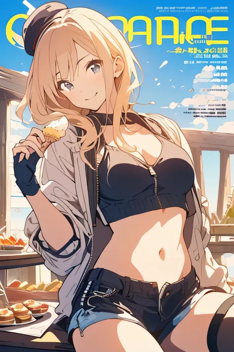 (from below:1.2),(from side:0.9), ((cute Face)), (Close-Up:0.6), ((looking at viewer, holding a icecream)),(Italian sweets magazine cover:1.4), highest quality、(real、photorealistic:1.5),(ultra high resolution,blondes hair,long hair,side ponytail,hair betwe...