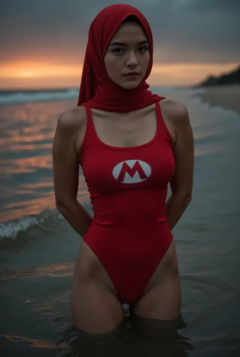 Front posing, Wearing Scarf neck tie, Front posing, SUPER SKINNY,  (Thighs and calves small muscles), (((MOODY FACE EXPRESSION))), "Wearing Hijab perfectly",  wearing Scoop Neck Sleeveless 'Super Mario games logo print' red Bodysuits singlet swimsuit, (KED...