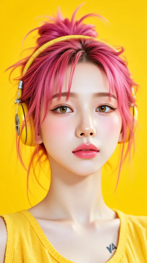 8k, masterpiece, highest quality, Korea's Beautiful Women, Close-up, vibrant pink hair, messy bun hairstyle, golden yellow headphones, yellow background, yellow vest, visible tattoos, subtle makeup, soft lighting, portrait, digital art style, hyper-realist...
