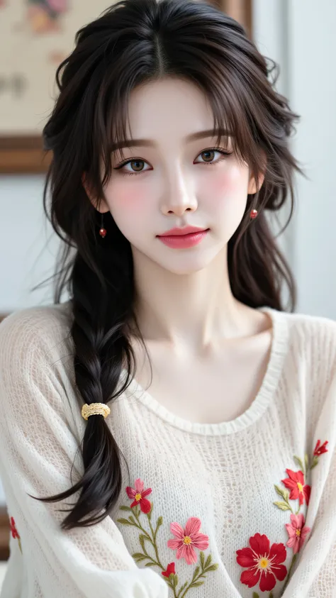 8k, masterpiece, highest quality,  long dark hair in side braid, floral embroidered white sweater, red flowers, delicate features, soft lighting, elegant, fashion photography, high resolution, detailed, realistic