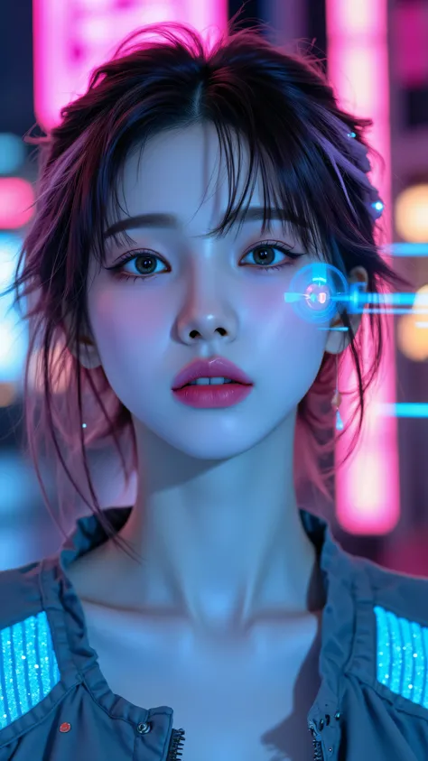 8k, Masterpiece, Top Quality, beautiful Korean woman, clear skin, asymmetrical bob hair, pastel pink streaks, glowing pastel blue cybernetic eye implant, subtle holographic UI elements floating near cheek, high-tech jacket collar, pastel blue fiber optic d...