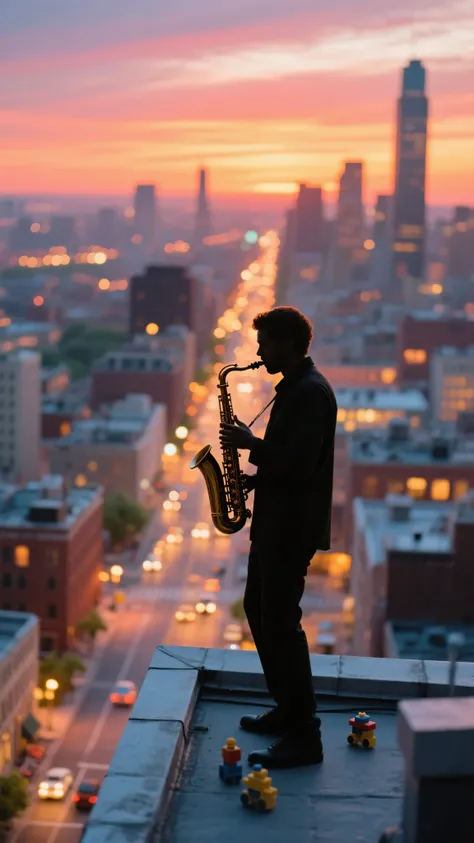 A lone musician soulfully plays a saxophone on a high city rooftop at sunset, the sprawling city streets and glittering lights far below appearing like a toy set due to the strong tilt-shift effect. The musician is sharply in focus, silhouetted against the...