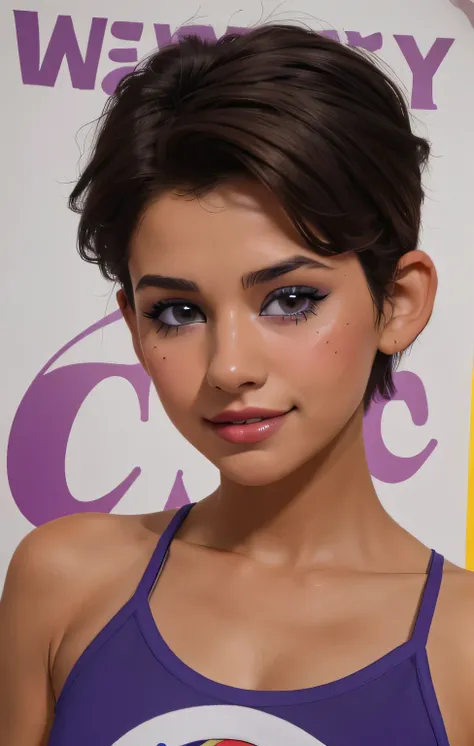1 girl,departement_hay,lindo,beautiful blue eyes, detailed freckles on her cheeks and nose ,  small nose , beautiful smile ,shiny short hair , light brown hair , pixie haircut ,cable visible,hair between eyes, CCCPcartel, poster de hermosa modelo adolesent...