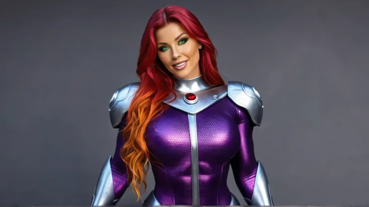 Starfire from  Titans: The Judas Contract, medium close-up from chest up, standing perfectly upright with squared shoulders and arms straight down at her sides, no dynamic pose. She has a confident, slightly arrogant smile and is looking directly ahead wit...