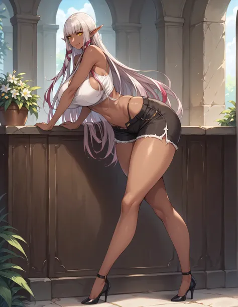 score_9, score_8_up, score_8, 1 girl, solo, elf, evelyn celebrian, dark skin, yellow eyes, huge breasts, (wide hips:1.8), (thick thighs), curvy,  looking at viewer, long straight hair, bangs,  horny smile, sexy legs, extremely small shorts, crop top, from ...