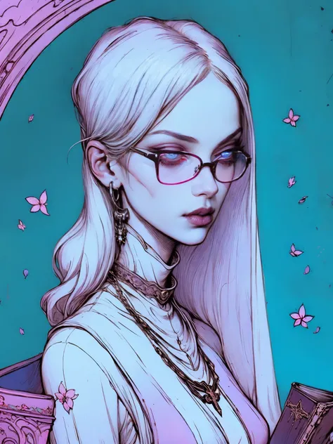 The character has an ethereal and angelic appearance, with a strong visual appeal of gothic and religious fantasy. Here is a detailed description: Cabelos: Longos, wavy and completely white or silver, with a soft sheen that reinforces your heavenly aspect....