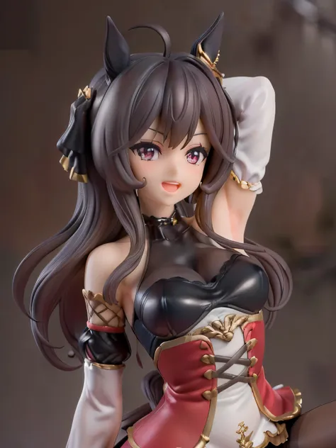 (Solo, big breasts. Dark purple background, dark room, stage, spotlight. Black hair, horse ears, very long hair, waist-length hair, ahoge, bouncy hair. Eye shadow, blush, delicate eyes, looking at camera. Black lace long dress (long sleeves), black long sk...