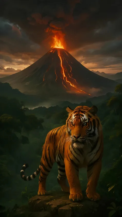 "A hyper-realistic-styled digital painting depicting Mount Kerinci erupting at dusk, with a stream of red lava flaming on the dark slopes of the volcano and thick smoke billowing into sky. The surrounding dense rainforest is shrouded in a thin mist. Di lat...