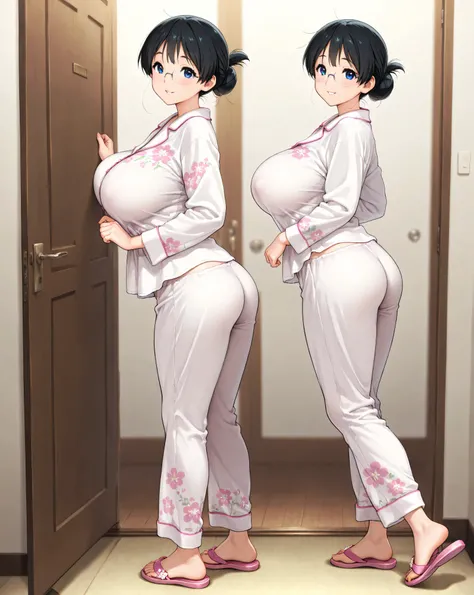 Masterpiece, newest, vibrant, very aesthetic, high contrast, mature woman, tamako nobi\(doraemon\), bun hair, glasses, tall, big breast, white pajamas with floral motif, pink flip flops, full body, back side, nice ass, parted lips, smile, front of the door...