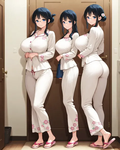 Masterpiece, newest, vibrant, very aesthetic, high contrast, mature woman, tamako nobi\(doraemon\), bun hair, glasses, tall, big breast, white pajamas with floral motif, pink flip flops, full body, back side, nice ass, parted lips, smile, front of the door...