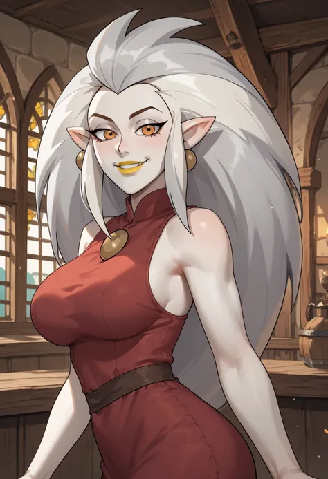 woman, anime style, yellow lipstick, big breasts, white skin, orange eyes, white hair, long hair, medieval house, side view, focus on character, looking at viewer, happy, red dress, adult, voluminous hair, pointy ears, adult, Eda Clawthorne, Edalyn Clawtho...
