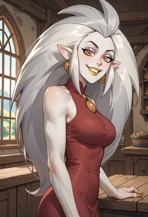 woman, anime style, yellow lipstick, big breasts, white skin, orange eyes, white hair, long hair, medieval house, side view, focus on character, looking at viewer, happy, red dress, adult, voluminous hair, pointy ears, adult, Eda Clawthorne, Edalyn Clawtho...
