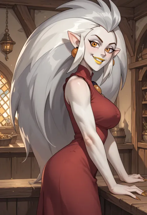 woman, anime style, yellow lipstick, big breasts, white skin, orange eyes, white hair, long hair, medieval house, side view, focus on character, looking at viewer, happy, red dress, adult, voluminous hair, pointy ears, adult, Eda Clawthorne, Edalyn Clawtho...