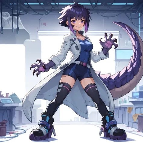 score_9, score_8_up, score_7_up, score_6_up, 1girl, Anime artstyle, An scifi dinosaur scientist, human face, clawed boots, clawed hands, large tail, short female, dressed in lab coat, heavy coat, full body art, heavy boots, anime art, confident expression,...