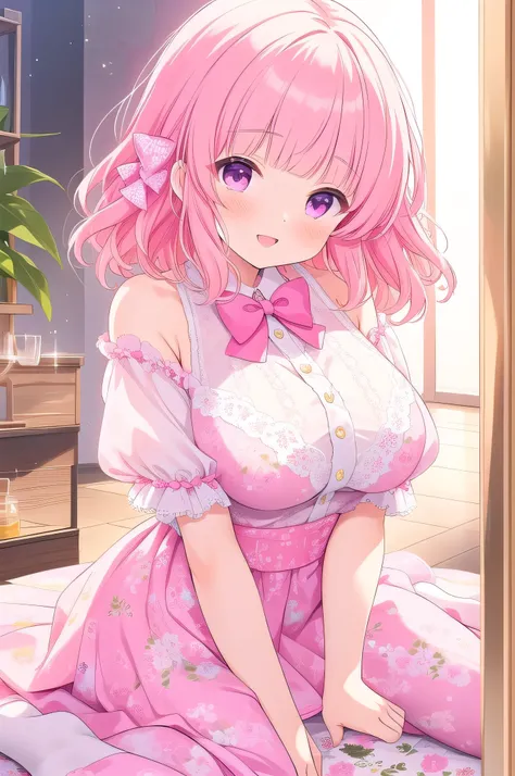 (masterpiece, best quality), highly detailed background, perfect lightingbest quality, nittamoeka, solo, indoors, pink hair, hair bow, pink bow, curly hair, short hair, purple eyes, pink eyes, large breasts, white shirt, black skirt, floral print, smile, p...