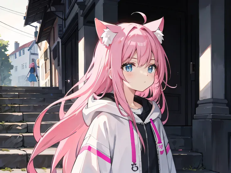 tmasterpiece，best qualityer，ultra - detailed，illustratio，White hoodie，（Impresionismo：1.4），long pink ombre hair, has pink cat ears, black tail cat, ，Head to side，exhausted face，A sad expression，Far-lens field of view，Shabby stone steps，Gloomy weather，vintag...