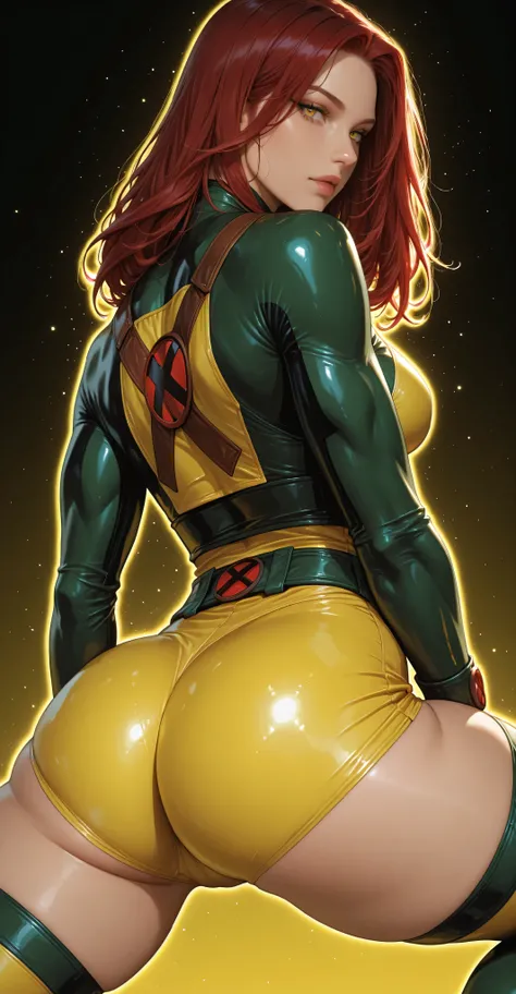 Roge| x-men,green and yellow 90's original outfit,thick ass, thick legs, voluptuous, medium breasts,close-up on ass,spreading legs, beautiful face,black to red gradient background, glowing outline, light particles,looking back at viewer ,single girl, 1girl...