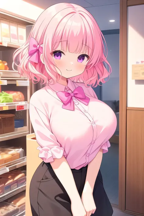 (masterpiece, best quality), highly detailed background, perfect lightingbest quality, nittamoeka, solo, indoors, pink hair, hair bow, pink bow, curly hair, short hair, purple eyes, pink eyes, large breasts, white shirt, black short pants, smile, tall adul...