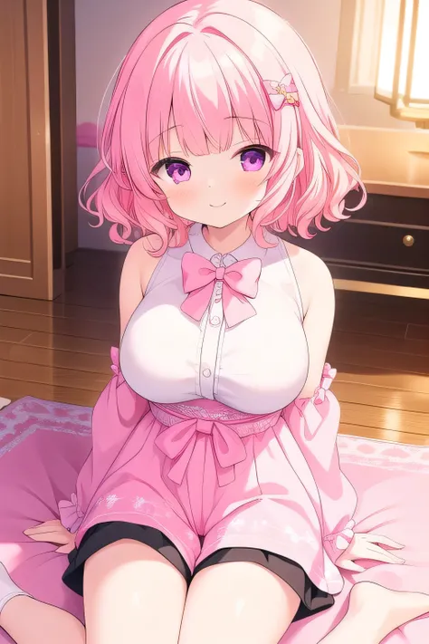 (masterpiece, best quality), highly detailed background, perfect lightingbest quality, nittamoeka, solo, indoors, pink hair, hair bow, pink bow, curly hair, short hair, purple eyes, pink eyes, large breasts, white shirt, black short pants, smile, tall adul...