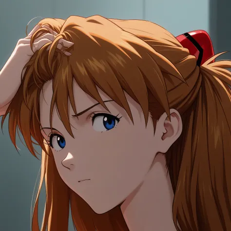 asuka langley, close up, hand on hair, showing forehead, looking confident, clueless, looking at viewer, dynamic angle, view from side, attractive, masterpiece, best quality, good lighting