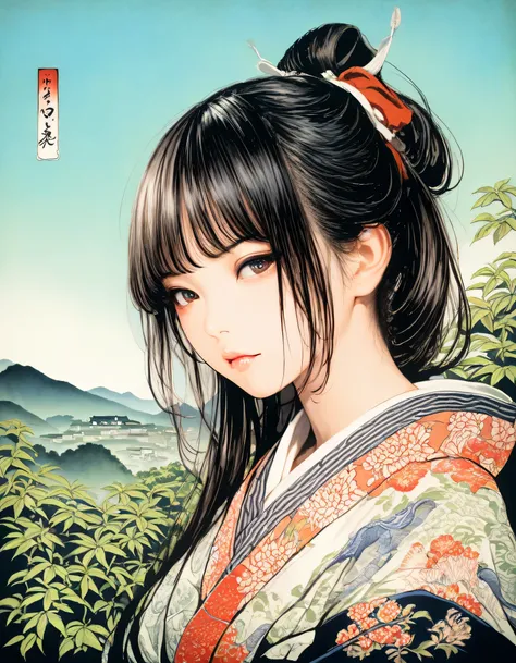 1girl, year 2016, upper body, ukiyo-e, Edo, blue sky, masterpiece, high score, great score, absurdres, 16k, Ultra detailed, (photorealistic : 0.5)