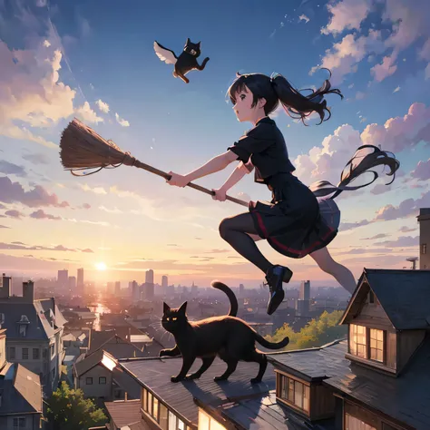 Please draw what you like,8k,Animation, work of art, based on correct anatomy, 8K quality, theme is "My Journey with a Cat", a scene similar to the movie "Kiki's Delivery Service", a witch girl and a black cat, flying over the city on a magic broom, with t...