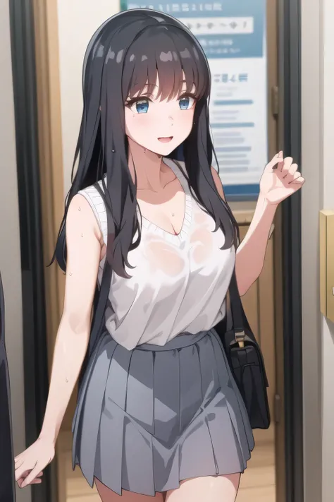 I definitely need a face,black hair long hair，White hair band，，Pleated Mini Skirtミニスカート，Exact hand and foot representation，My nipples are sharp、、When wet, it becomes transparent ,can you draw a woman with a nice smile,dark blue pleated skirt,Please draw he...