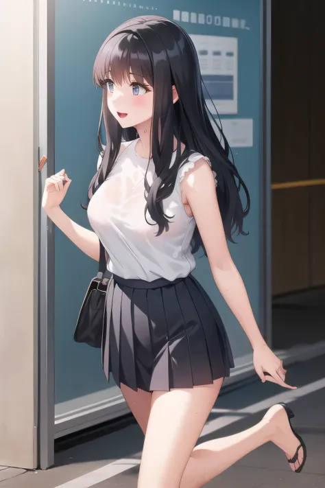 I definitely need a face,black hair long hair，White hair band，，Pleated Mini Skirtミニスカート，Exact hand and foot representation，My nipples are sharp、、When wet, it becomes transparent ,can you draw a woman with a nice smile,dark blue pleated skirt,Please draw he...