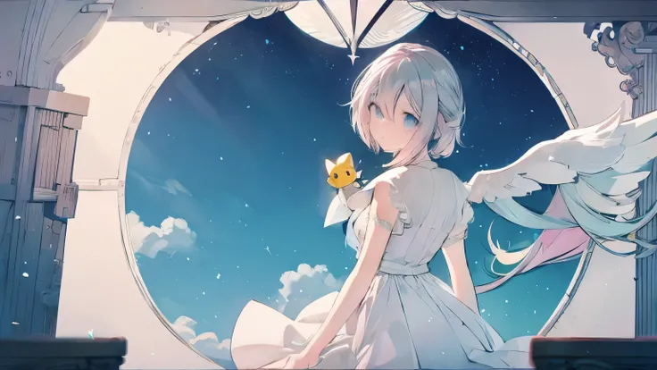 Gray hair, long grayish, light pink and blue eyes, neat, beautiful, cute , flapping wings, ta dress, prism, light heaven, saint, aerial plush toy, ring of light, soft light