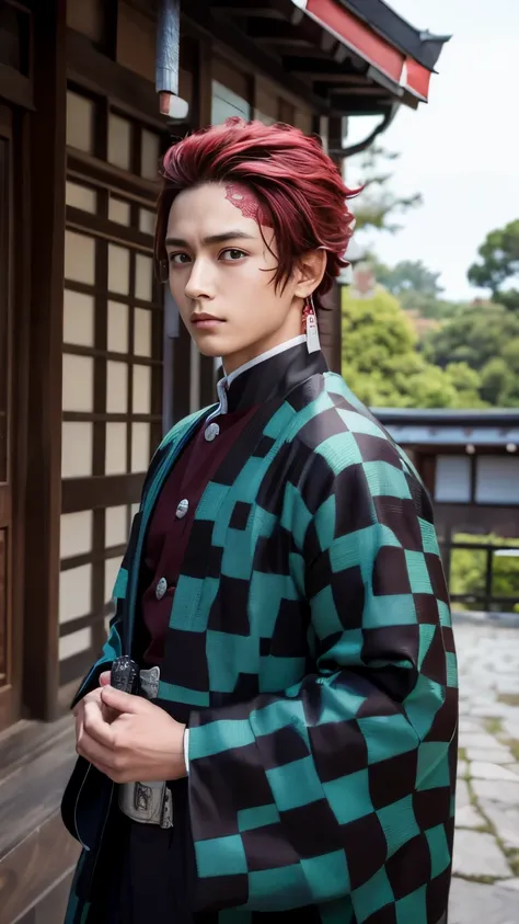 A highly detailed portrait of Kamado Tanjiro, a young man with a determined expression, red hair and red eyes, wearing a traditional Japanese demon slayer uniform with a sword at his side and green black checkered haori, intricate background with Japanese ...