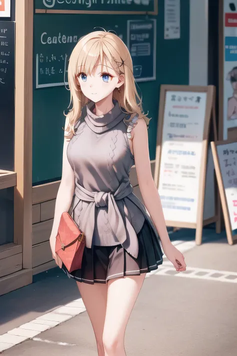 blonde long，dark blue pleated skirt,can you draw a more delicate expression，walking alone，    city tour    ,，（（（she is wearing casual tourist wear）））， There are no hands  ,（Let's draw a more delicate look），（sleeveless wool sweater），（ Pleated Legs，white pan...