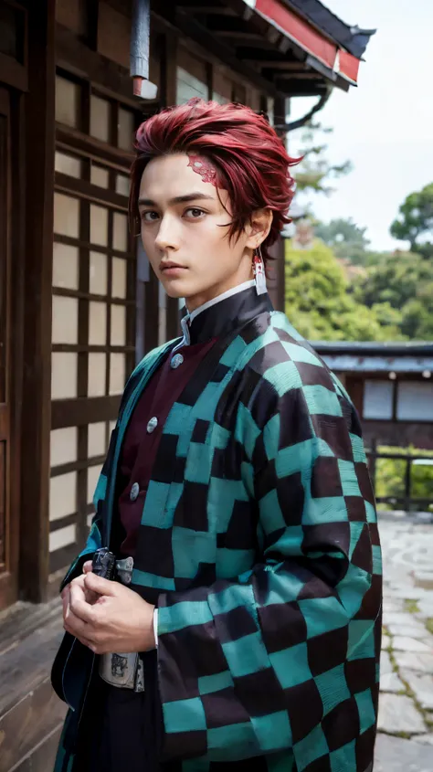 A highly detailed portrait of Kamado Tanjiro, a young man with a determined expression, red hair and red eyes, wearing a traditional Japanese demon slayer uniform with a sword at his side and green black checkered haori, intricate background with Japanese ...