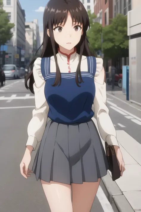 black hair long hair,hair band,dark blue pleated skirt,Please draw her expression more delicately,walking alone, city tour ,,(((She is wearing casual tourist attire))), ,(Let's draw a more delicate look),(sleeveless wool sweater),( Pleated Legs,whi...