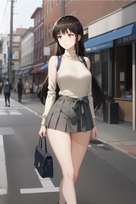 black hair long hair,hair band,dark blue pleated skirt,Please draw her expression more delicately,walking alone, city tour ,,(((She is wearing casual tourist attire))), ,(Let's draw a more delicate look),(sleeveless wool sweater),( Pleated Legs,whi...
