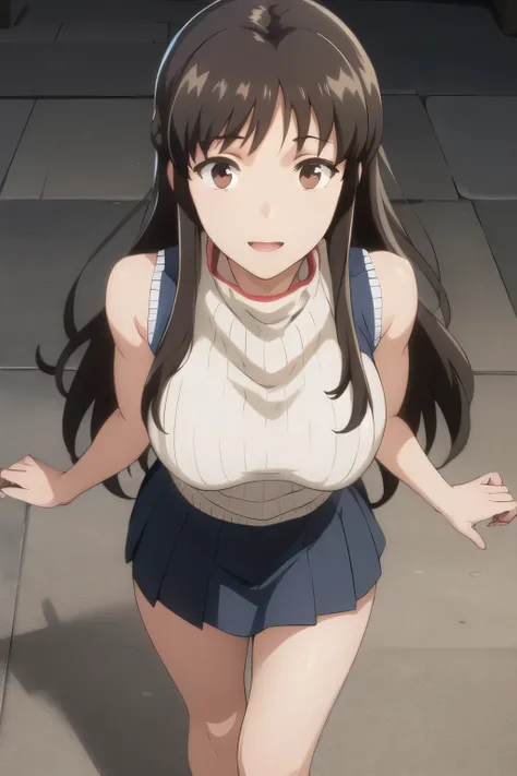 A woman with a lovely smile,Sleeveless Sweater,Please draw big breasts with even bigger breasts,The face is absolutely necessary,Accurate representation of hands and legs,Dark Hair Long Hair,hair band,dark blue pleated skirt,Please draw her expression more...
