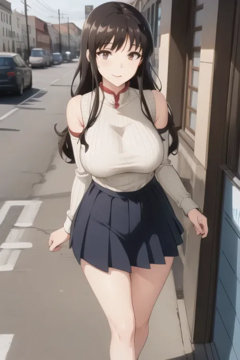 A woman with a lovely smile,Sleeveless Sweater,Please draw big breasts with even bigger breasts,The face is absolutely necessary,Accurate representation of hands and legs,Dark Hair Long Hair,hair band,dark blue pleated skirt,Please draw her expression more...