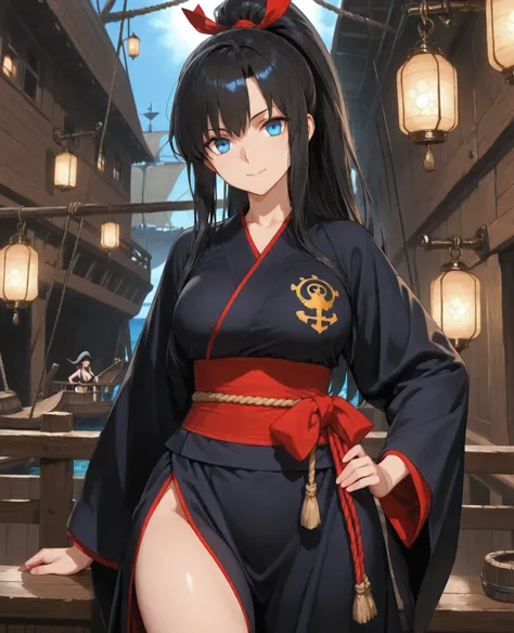 A giant, mature anime woman towering over a realistic pirate ship. She has a sun-kissed fair skin tone, deep vivid blue eyes that convey intelligence and determination, and long black hair tied in a high, practical ponytail, with a few strands framing her ...