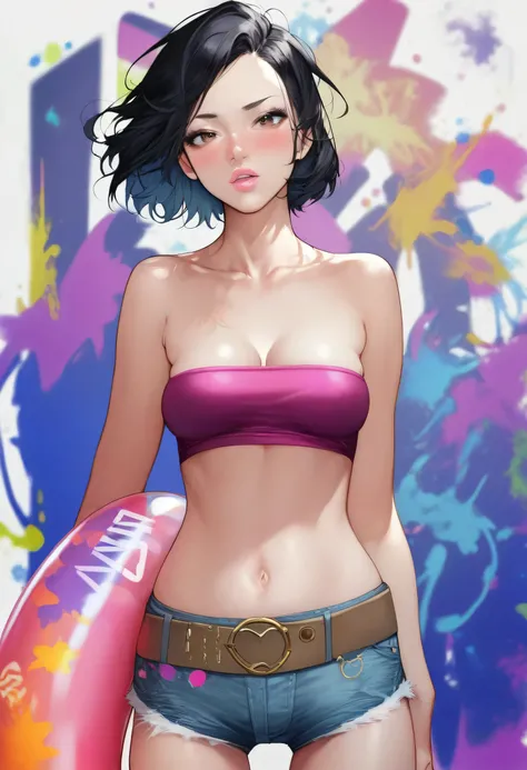 (Perfect Face, Perfect Body), Black Hair, Short Bob Hair, Black Thin Eyebrows, Dark Brown Eyes, Black Eyelashes, Black Eyeliners, Purple Eyeshadows, Nose, Blushing, Pink Lips, (Orgasmic Face), Collarbone, Cleavage, (Medium Breasts, Perfect Breasts), (Weari...