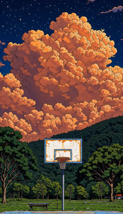 A hyper-detailed, anime-style illustration of an outdoor basketball court in summer, with a single rusty hoop in the center of the image. The backboard is worn, with blue edges; the metal post shows signs of use and aging. The court is empty, surrounded by...