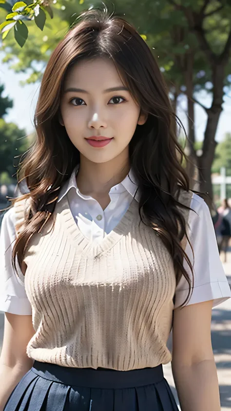upper body closeup photo anatomically correct 5 fingers beautiful Korean woman in front of the machine (((wavy hair))) pleated skirt, (((Overhanging big ))), Student uniform, short sleeve shirt (((Sweater Vest))) looking at camera (((In the shade of a p...