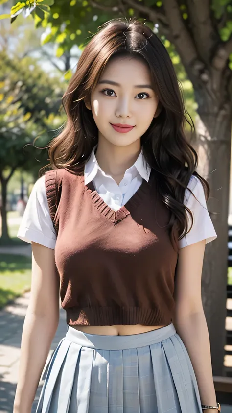 upper body closeup photo anatomically correct 5 fingers beautiful Korean woman in front of the machine (((wavy hair))) pleated skirt, (((Overhanging big ))), Student uniform, short sleeve shirt (((Sweater Vest))) looking at camera (((In the shade of a p...