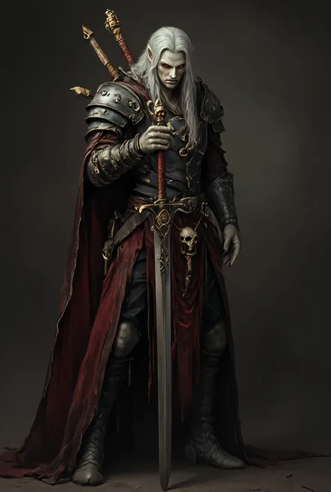 (1girl,fit,small breasts,long legs,sporty butt, red eyes, pale light grey skin, standing stunning tall young vampire girl, mindblowing face, showing her vampyfangs, fine crafted straight-sword in front of her, wearing a beautifully crafted blued steel with...