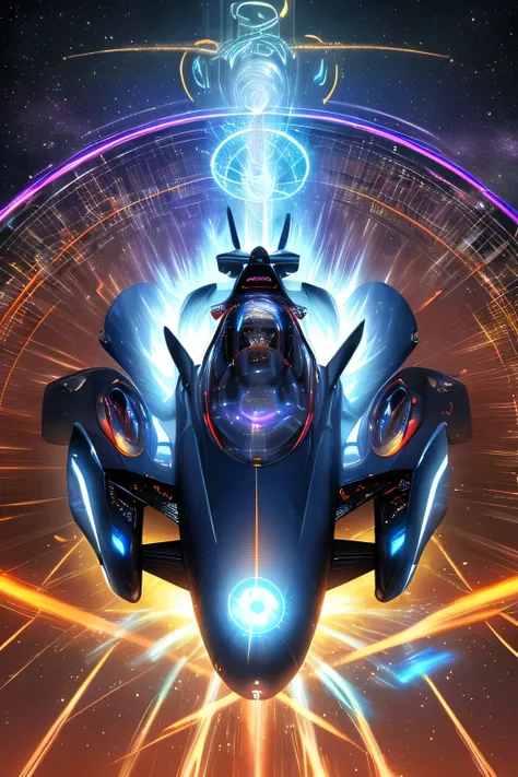 Futuristic concept car, futuristic flying car time machine, exposed temporal coils, glowing flux emitters, translucent time field generators, floating holographic clock, cinematic lighting, sci-fi energy trails, flying through a glowing rift in the sky, wa...