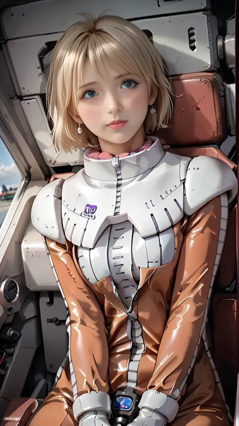 Authentic、16k、pilot suit、zippers open from neck to navel、Dark white bra with visible nipples、Small cleavage visible、and the navel is visible、Beautiful Face、embarrassed look、Giant robot cockpit、,mobile suit cockpit、Pilot leaning forward、camera angle looking...