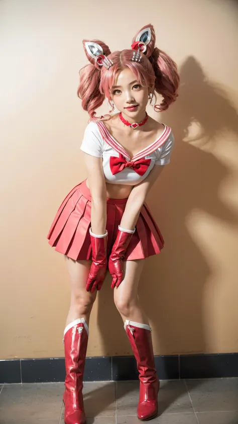 solo, outdoors, smile, pose, hand up, salute,    1girl, pink hair, twintails, cone hair bun, double bun, red eyes, earrings, hair ornament, tiara, red bow, heart brooch, , brooch, choker, elbow gloves, heart choker, magical girl, multicolored clothes, mult...