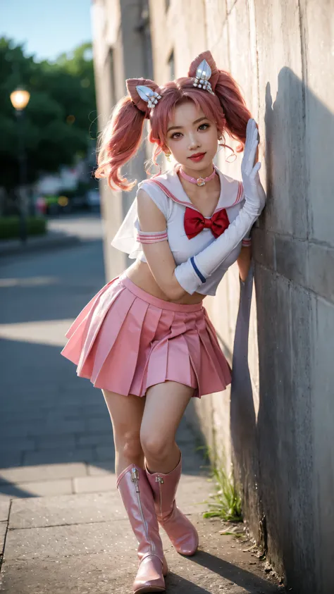 solo, outdoors, smile, pose, hand up, salute,    1girl, pink hair, twintails, cone hair bun, double bun, red eyes, earrings, hair ornament, tiara, red bow, heart brooch, , brooch, choker, elbow gloves, heart choker, magical girl, multicolored clothes, mult...